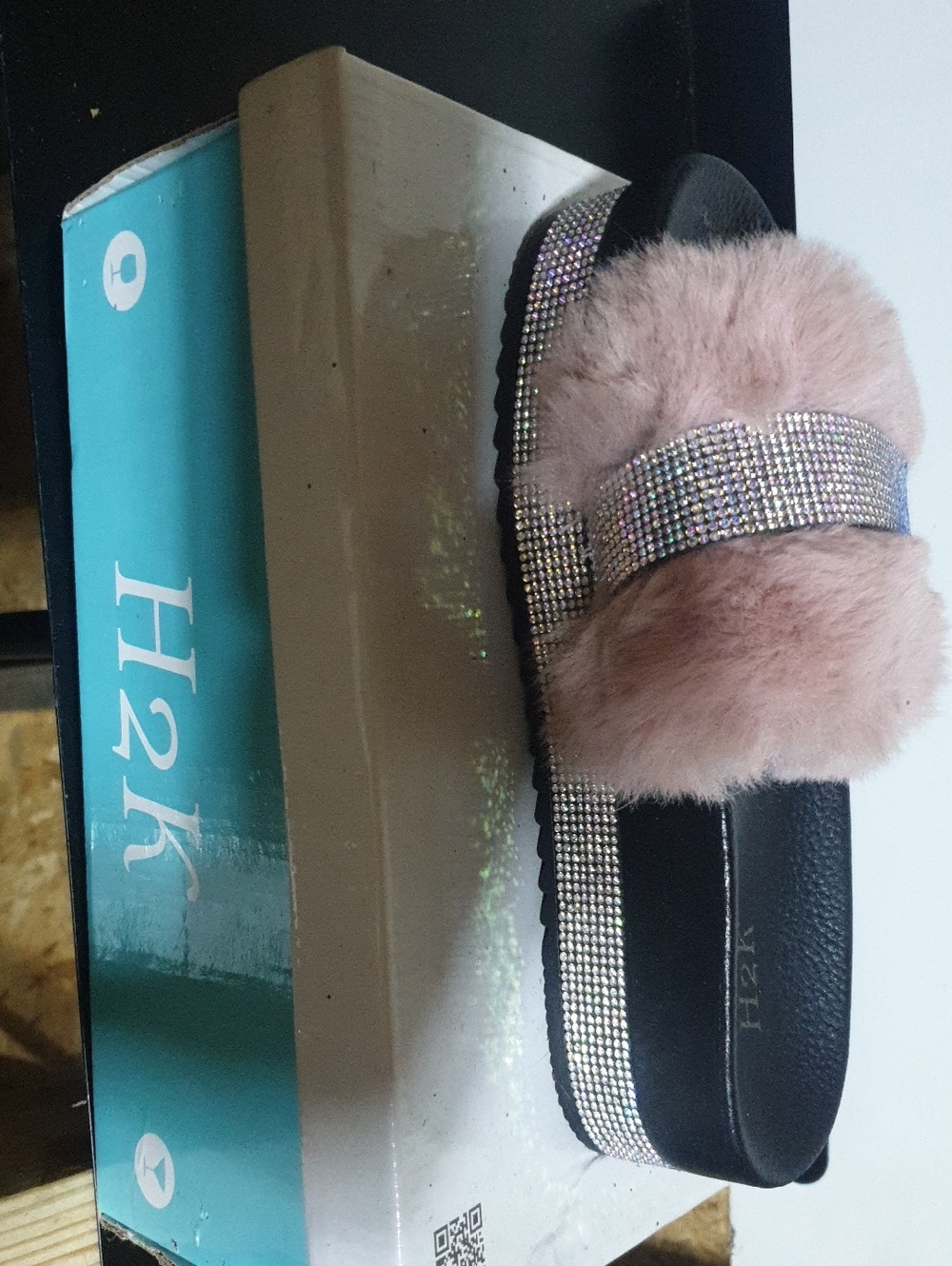 Faux Fur Crystal-Trim Slide Sandals in Blush